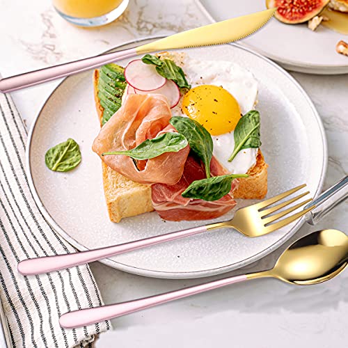 6 Pieces 18 8 Stainless Steel Flatware Set Portable Reusable Cutlery Set Travel Utensils Set Including Chopsticks Knife Fork Spoon Straws Cleaning Brush Dishwasher Safe (Pink golden)