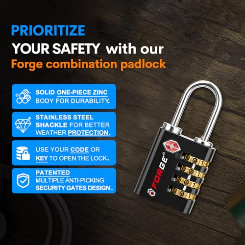 Dual-Opening: Key or Combination Access Lock, TSA Approved Locks for Luggage, Pelican case, Travel, Gym, School, Stainless Steel Shackle. (Black, 4 Pk) (4 Pack / Black)