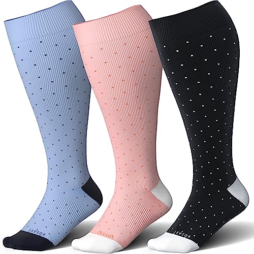 Wide Calf Compression Socks for Women Plus Size Pregnancy Cute Fun 15 (3 Pair-polkadots / 5X-Large)