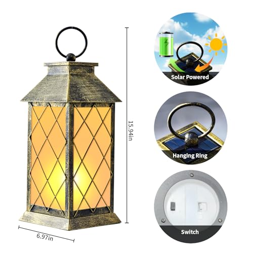18" Solar Lanterns Outdoor Waterproof Flickering Flame Patina (Antique Patina)