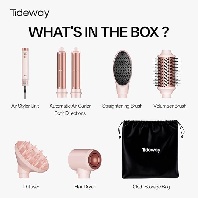 Tideway Prowaver 6-in-1 Hot Air Styler Wrap Dual Voltage Ionic Professional Hair Dryer Brush with Auto Wrap Curlers &Volumizing Brush for Fast Drying& Frizz Free Hair with No Heat Damage for Women