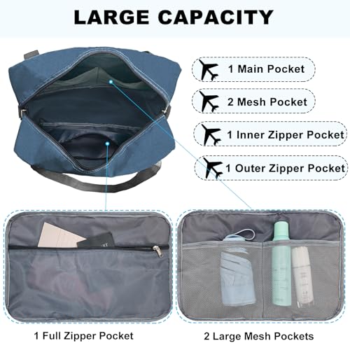 Foldable Carry on Luggage Bag 22x14x9 Personal Item Bag for Airplanes Travel Duffel Bag for Women and Men (Navy / 40L)