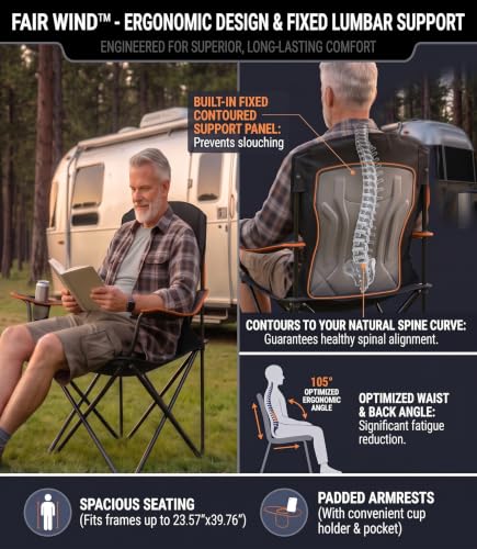 2 Pack Padded Oversized Camping Chairs with Lumbar Support (Black / Twin Pack)