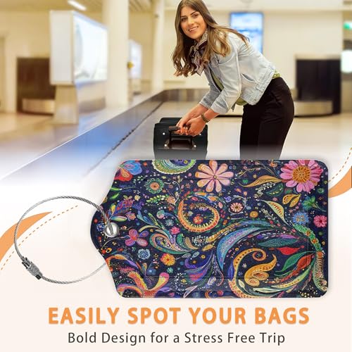Colorful Boho Floral 3 PCS PU Leather Luggage Tags for Suitcase (Colorful Boho Floral)