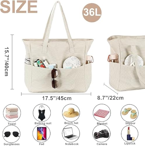 Waterproof Beach Tote Pool Bags for Women Ladies Extra Large Gym Tote Carry On Bag With Wet Compartment for Weekender Travel (S Khaki Stripes)