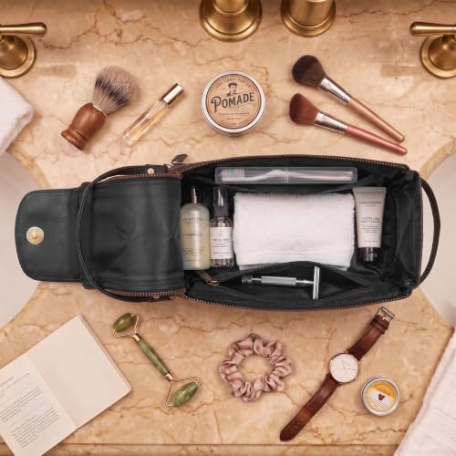 Genuine Leather Toiletry Travel Bag For Men & Women (Distressed Black / 10"X5")