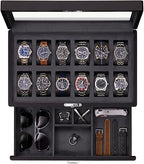 12 Slot Matte Black Watch Box with Valet Drawer (Matte Black / Grey Carbon)