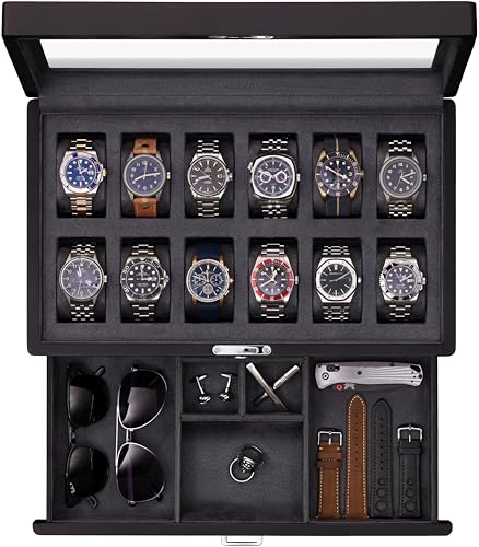 12 Slot Matte Black Watch Box with Valet Drawer (Matte Black / Grey Carbon)