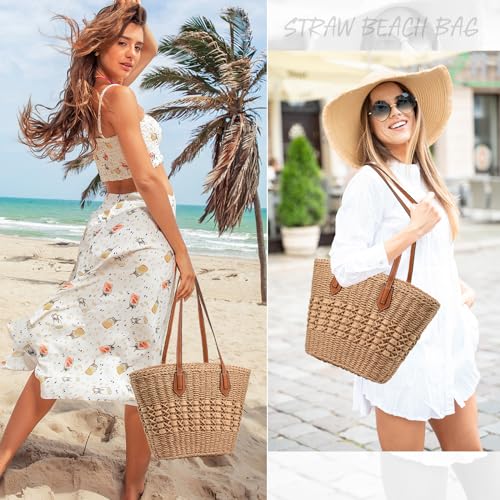 Straw Bag for Women Straw Woven Beach Tote Bag Casual Hobo Shoulder Bag Handbags Summer Handmade Beach Purse (F Khaki)