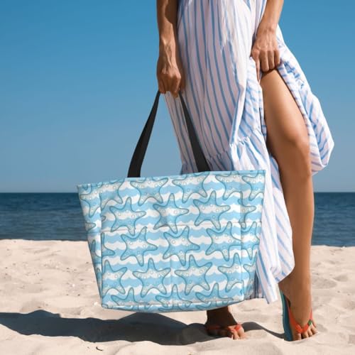 Waterproof Beach Tote Pool Bags for Women Ladies Extra Large Gym Tote Carry On Bag Wave starfish With Wet Compartment for Weekender Travel (Sea Wave)