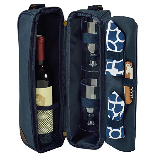 Insulated Wine Tote with 2 Wine Glasses (Trellis Blue)