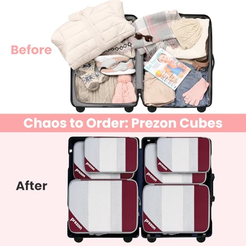 Compression Packing Cubes for Travel (Burgundy / 6 set-Half Mesh)
