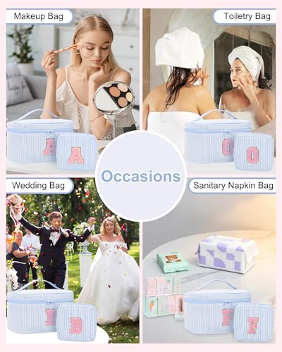 Personalized Initial Makeup Bag for Women Teen Girls (Blue)