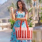 Beach Bag Waterproof Beach Tote Pool Bags for Women (Red Stripes / 35L)