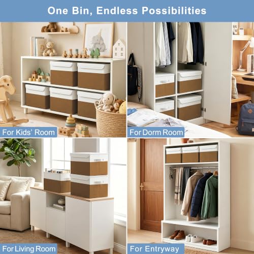 Large 17" 42 Quarts Collapsible Stackable Storage Bins with Lids [3 (Brown & White / Large - 3 Pack)