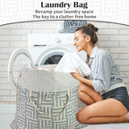 Canvas Laundry Bag with Handles & Drawstring 30"Wx35"H (Geometry Light Gray L+ / L+ 30"Wx 35"H┃1 Pack)