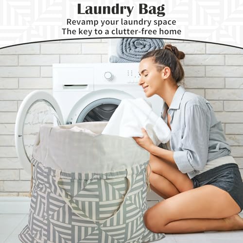 Canvas Laundry Bag with Handles & Drawstring 30"Wx35"H (Geometry Light Gray L+ / L+ 30"Wx 35"H┃1 Pack)
