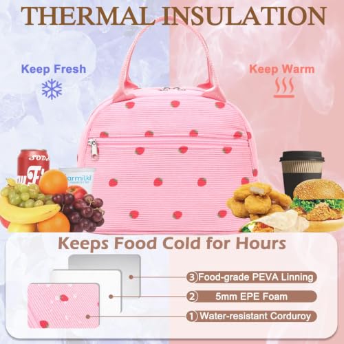 Insulated Lunch Bag for Women (Corduroy Strawberries RoseRed)