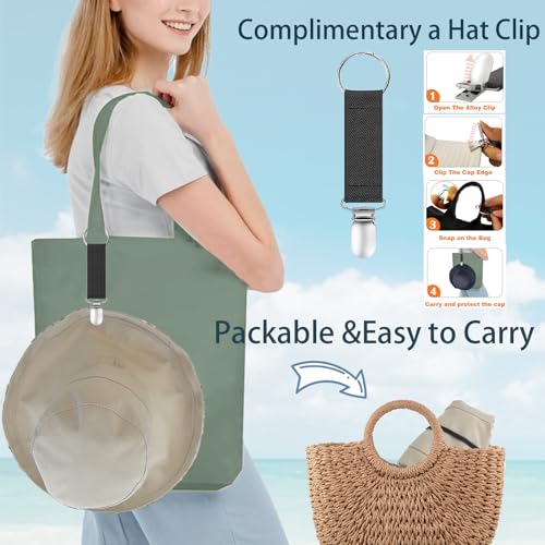 Womens Sun Hats Wide Brim Reversible Bucket Cotton Hat Packable Summer Travel Cap with Hat Clip (Large / Beige1)