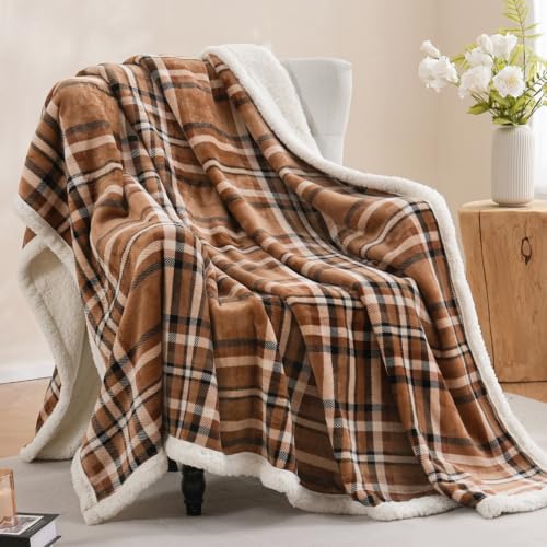Sherpa Fleece Throw Blanket 80" x 90" Reversible Plush Fluffy Large Big Blanket Lattice Flannel Blankets for All Season Use (Mocha Brown / 80"*90")