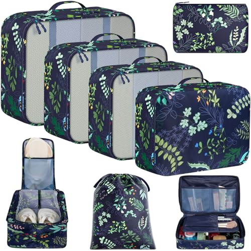 8 Set Packing Cubes Luggage Packing Organizers for Travel Accessories (Navy Leaf / 8 Set)