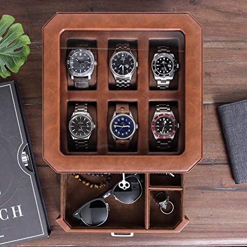 6 Slot Leather Watch Box with Valet Drawer (6 Slot - Tan / Brown)