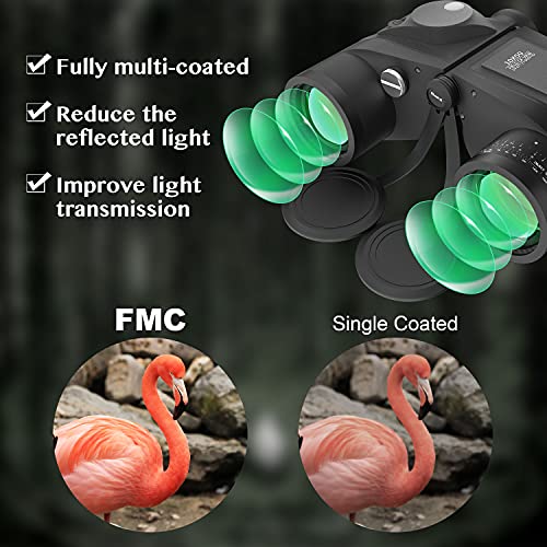 10x50 Waterproof Marine Binoculars for Adults with Rangefinder Compass BAK4 Prism FMC Lens for Birdwatching Hunting Boating Fishing Water Sports (Black)