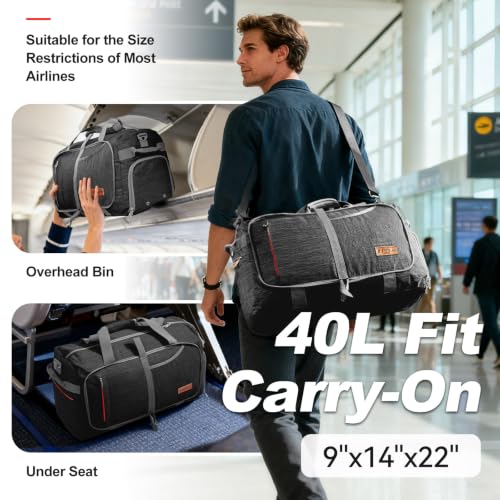 40L Foldable Duffle Bag for Travel Men & Women Carry On 22"x14"x9" Airline Approved (Panther Black / 40L)