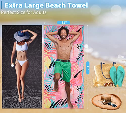 Microfiber Beach Towel Oversized 71x32 Black Pink with Bag 2 Pack (2 Pack Black Mandala Pink Leaf / 71"x32")