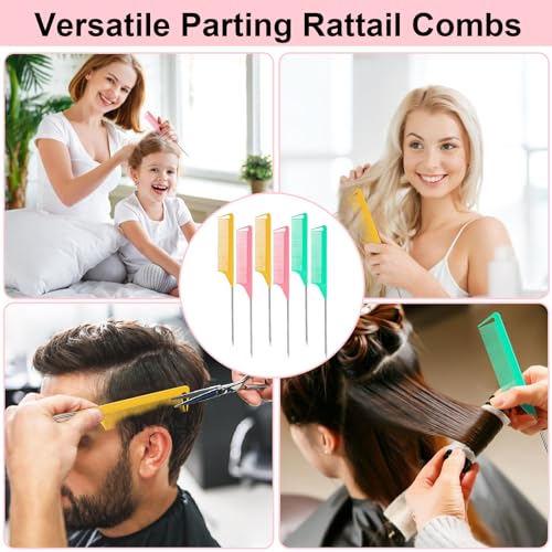 6 PCS Rat Tail Hair Parting Combs (Pink+Yellow+Green)