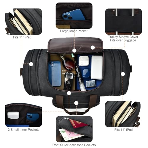 50L Canvas Duffle Bag for Travel Weekender Gym Overnight Carry (Black / 50L)
