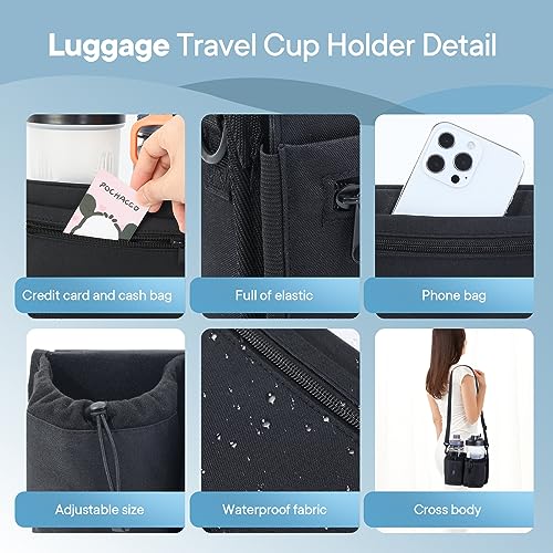 Extra Luggage Cup Holder Free Hand Drink Caddy for Suitcases to Travel and Business Trip (Extra Black with Straps)