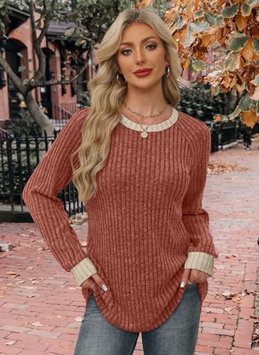 Fall Outfits for Women 2026 Teachers Halloween Sweaters for Women Trendy Cozy Orange Tops Crewneck Color Block Long Sleeve Shirts Early Fall Fashion Casual Caramel S (Small / 03-caramel)