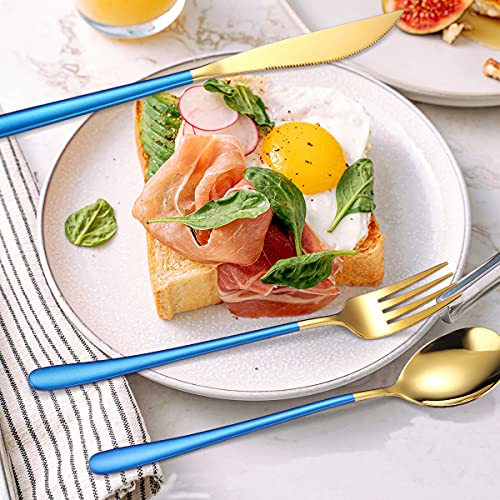 6 Pieces 18 8 Stainless Steel Flatware Set Portable Reusable Cutlery Set Travel Utensils Set Including Chopsticks Knife Fork Spoon Straws Cleaning Brush Dishwasher Safe (Blue golden)