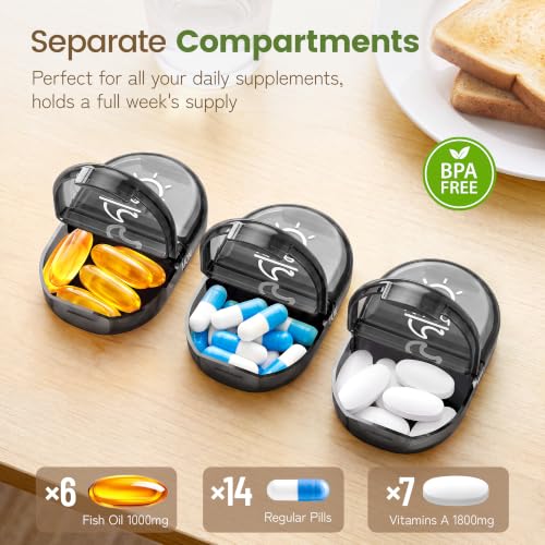 Weekly Travel Pill Organizer 2 Times a Day AM PM Black Pill Box (A Canvas Grey 01 / 1 Set Canvas Case)