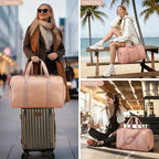 3PCS Faux Leather Weekender Bag for Women Men Travel Bag Overnight Bags (Pink)