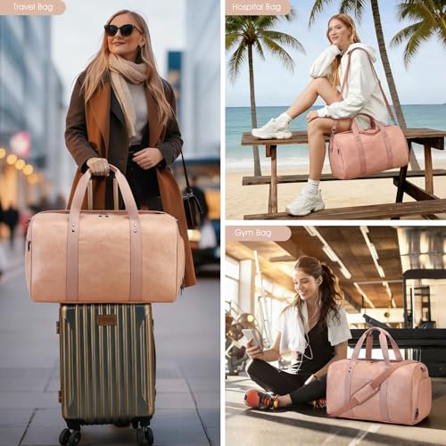 3PCS Faux Leather Weekender Bag for Women Men Travel Bag Overnight Bags (Pink)