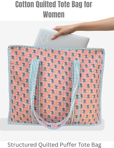 100% Cotton Quilted Tote Bag For Women (Peach Pearl Leaf Print)