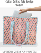 100% Cotton Quilted Tote Bag For Women (Peach Pearl Leaf Print)