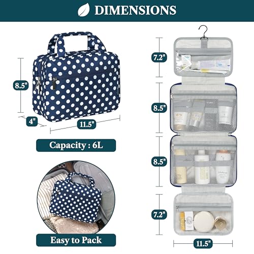 Hanging Toiletry Bag for Women (Navy Polka Dot)