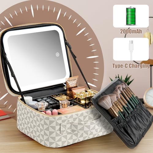 Makeup Travel Train Case with Mirror LED Light 3 Adjustable Brightness Large Cosmetic Bag Portable Storage Adjustable Partition Waterproof Makeup Brushes Make up Jewelry Gift for Women (White)