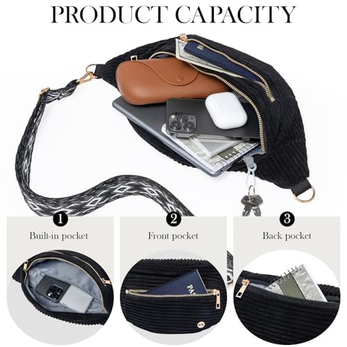 Black Crossbody Bag Corduroy Fanny Pack Vintage Sling Bag with Gold Zipper (Corduroy Black / Large)