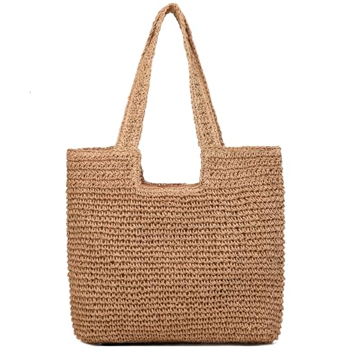 Straw Beach Bags for Women Straw Woven Beach Tote Bag Casual Boho Large Shoulder Handbags Purse for Vacation Holiday Picnic (E Khaki)