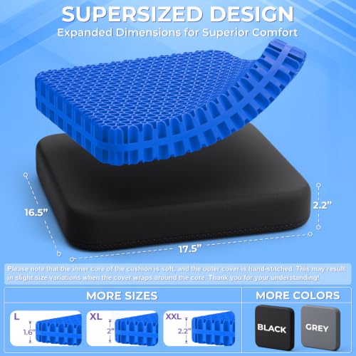 Gel Seat Cushion for Long Sitting (Black & Blue / 17.5×16.5×2.2 Inch)