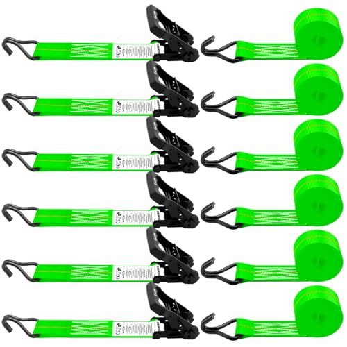 6 Pack 2 inch Ratchet Straps Heavy Duty J Hook 2 in x 15ft with Strong Ratcheting (Green)