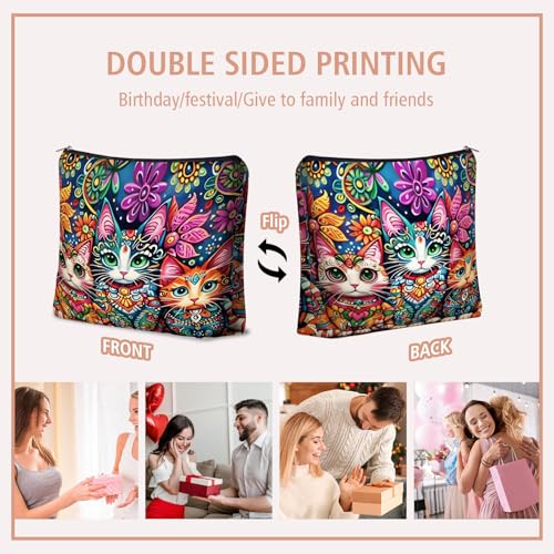 Bohemian Cat Mom Makeup Bag For Women & Teen Girl Cat Lover Gifts. Cute Boho Cats Themed Cosmetic & Toiletry Organizer Pouch For Daughters (Boho Cat)