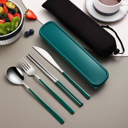 4 Piece Portable Travel Utensils Set with Case 18 (Fork Spoon Knife Chopstick / Deep Green)
