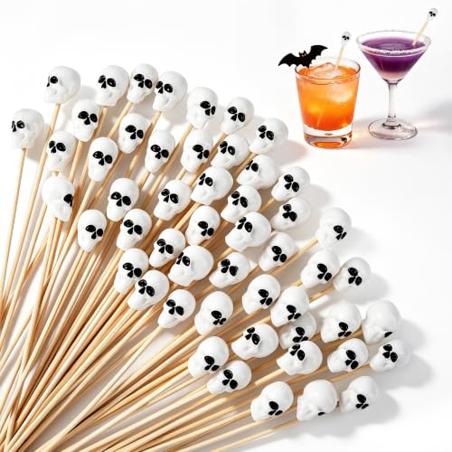 100 Pcs Halloween Toothpicks Skull Head Cocktail Picks Bamboo Skewer (Skull Head)