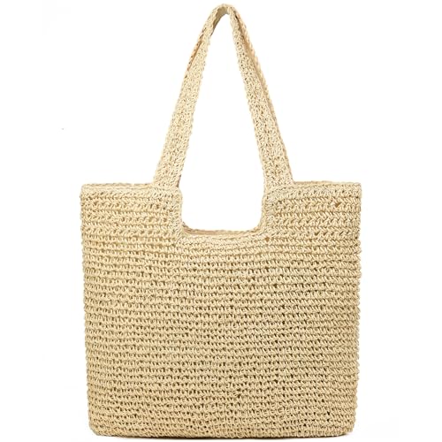 Straw Beach Bags for Women Straw Woven Beach Tote Bag Casual Boho Large Shoulder Handbags Purse for Vacation Holiday Picnic (E Beige)