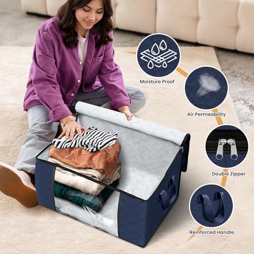 8 Pack Storage Bags for Clothes Blanket Storage Bins with Lids (8 Pack-60l / Blue)